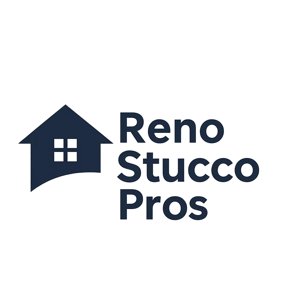 Reno Stucco Pros company logo featuring stucco house icon and bold navy text.