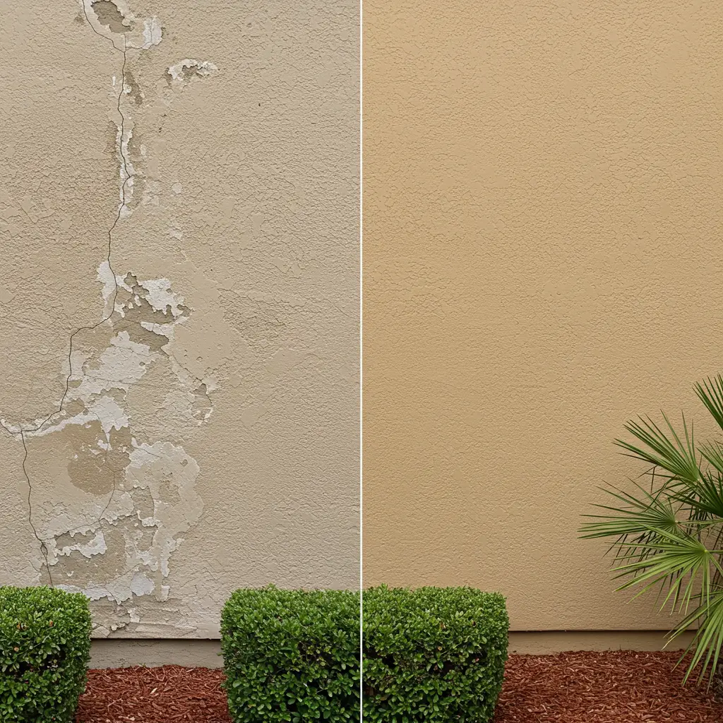 Before and after stucco wall repair on residential exterior in Reno, NV.